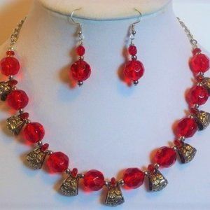 Ruby Red Faceted Glass Beaded Necklace and Earring Set